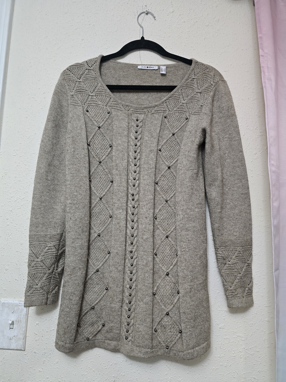 Punto Roma  Taupe Beaded Cable Knit Long Sleeve Top